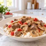 Beef Stroganoff with tender beef cubes, mushrooms, bell pepper, and creamy sauce served over rice