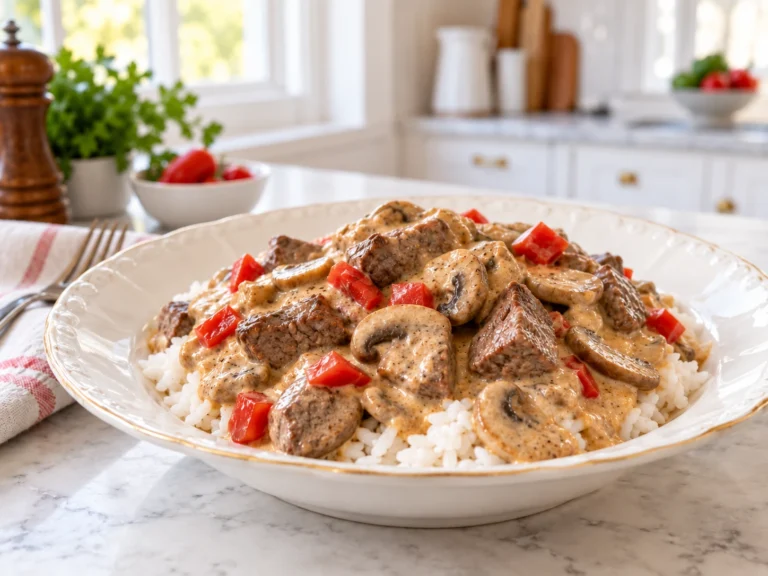 Beef Stroganoff with tender beef cubes, mushrooms, bell pepper, and creamy sauce served over rice