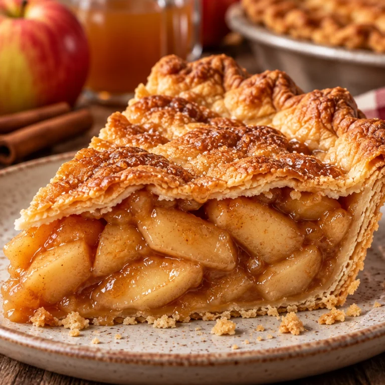 Square hero image of boiled cider apple pie with visible sliced apples, a flaky double crust, and warm fall styling.