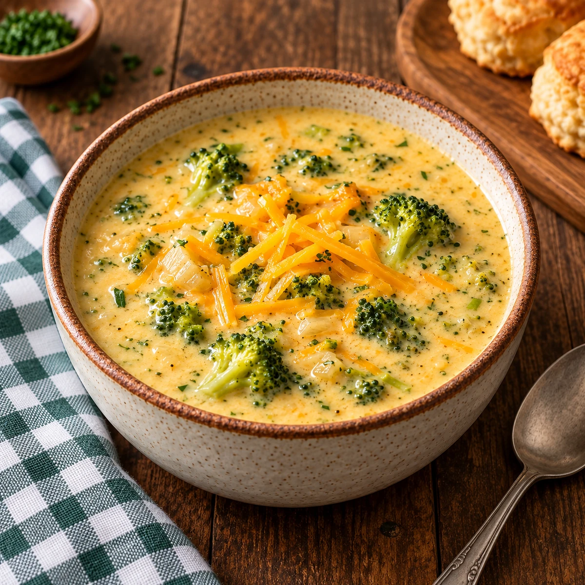 Creamy broccoli cheese soup with broccoli florets and shredded cheddar in a rustic bowl