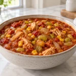 Bowl of tomato-based Brunswick stew with chicken, corn, lima beans, onions, and celery