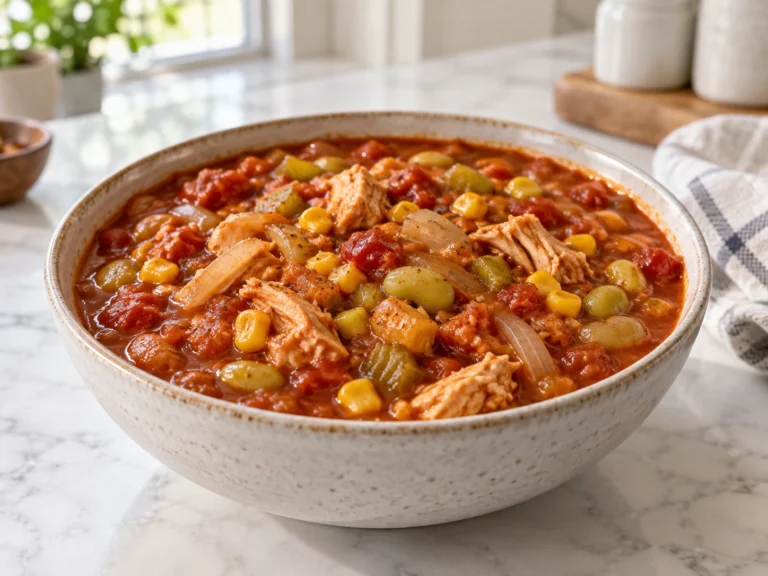 Bowl of tomato-based Brunswick stew with chicken, corn, lima beans, onions, and celery