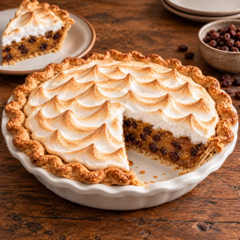 Raisin-spiced Chess Pie topped with a light golden meringue in a flaky pie crust