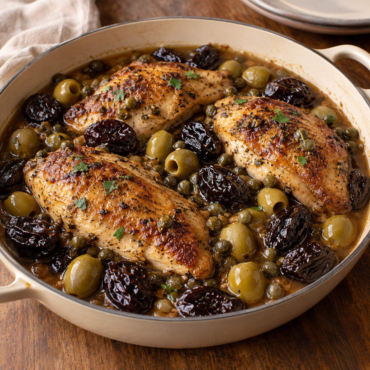 Chicken Marbella with prunes, green olives and capers in glossy pan juices