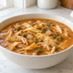Creamy chicken tortilla soup with green chiles and softened corn tortilla strips