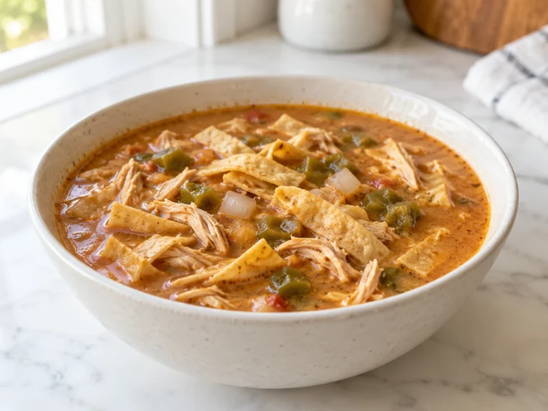 Creamy chicken tortilla soup with green chiles and softened corn tortilla strips