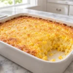 Golden baked corn casserole in a rectangular baking dish with visible corn kernels and a moist, custardy interior