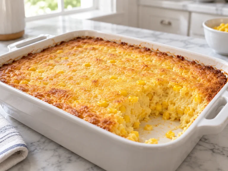 Golden baked corn casserole in a rectangular baking dish with visible corn kernels and a moist, custardy interior