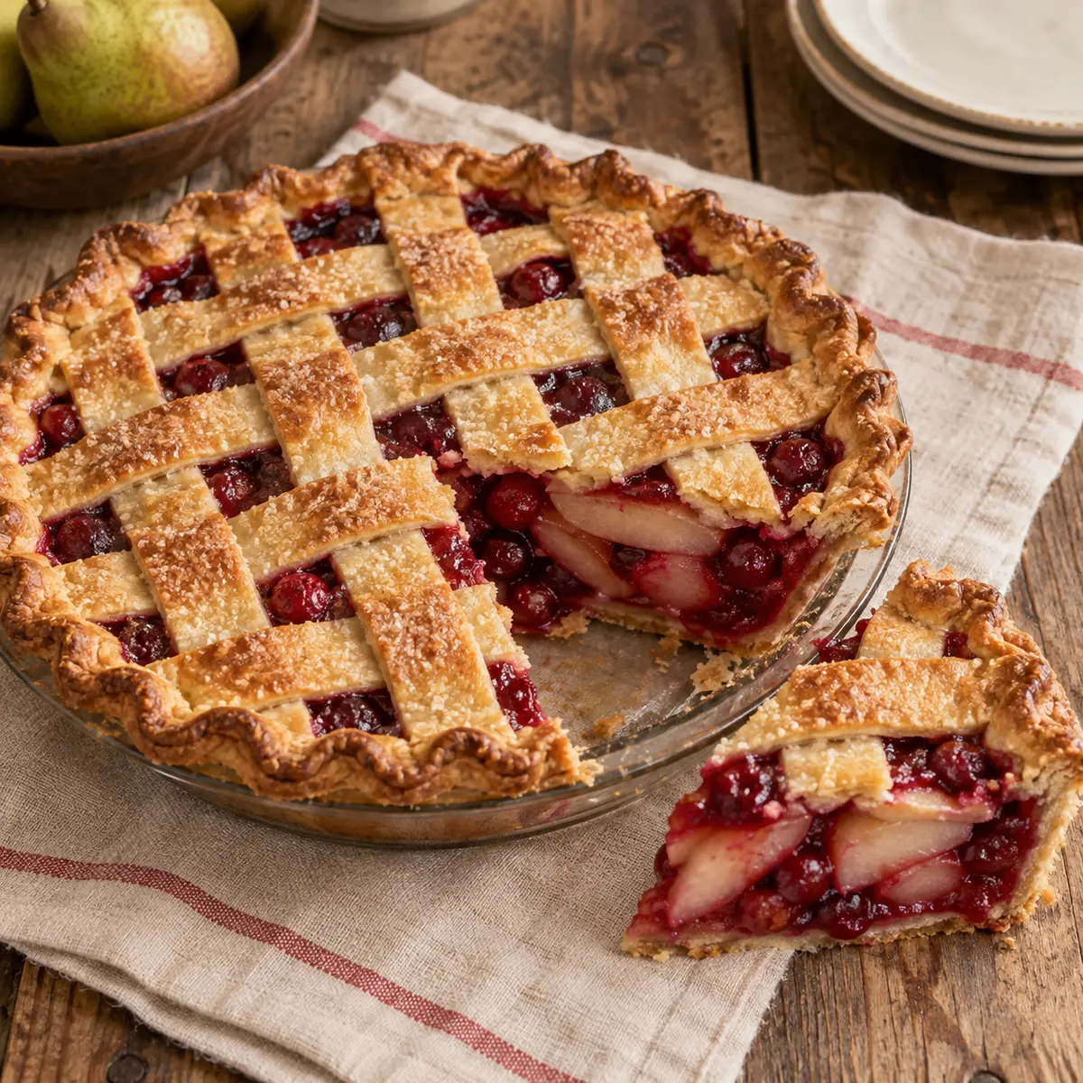 Lattice-top cranberry pear pie with visible pear slices and ruby cranberry filling