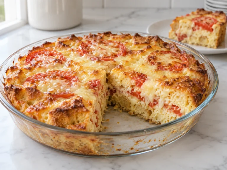 Savory Dutch Cupboard Cheese Pie with browned Swiss cheese, tomato slices, and toasted bread custard