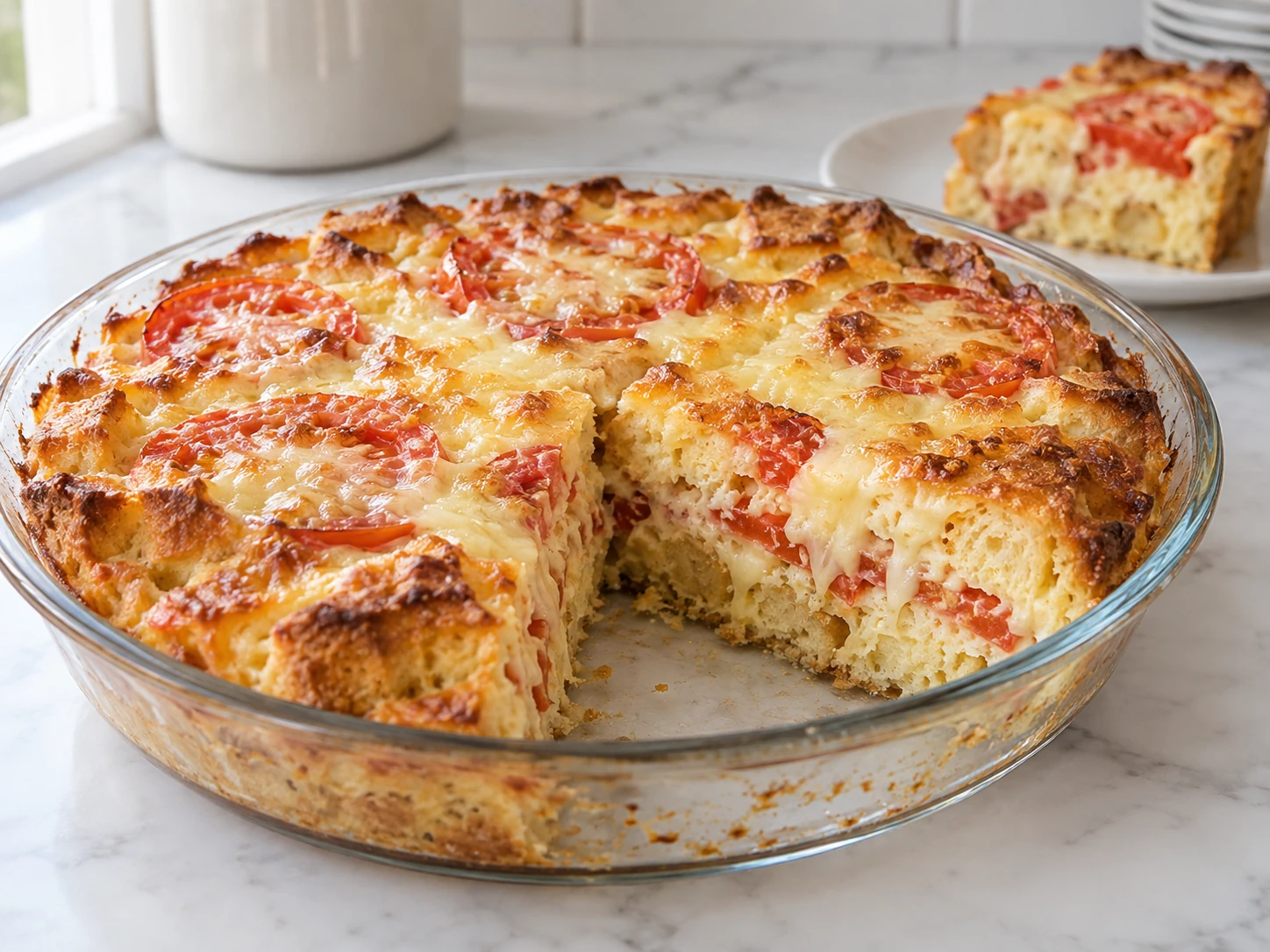 Savory Dutch Cupboard Cheese Pie with browned Swiss cheese, tomato slices, and toasted bread custard