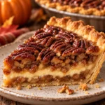Square hero image of layered pecan pie with glossy pecans, a cream cheese layer, flaky crust, and warm autumn styling.