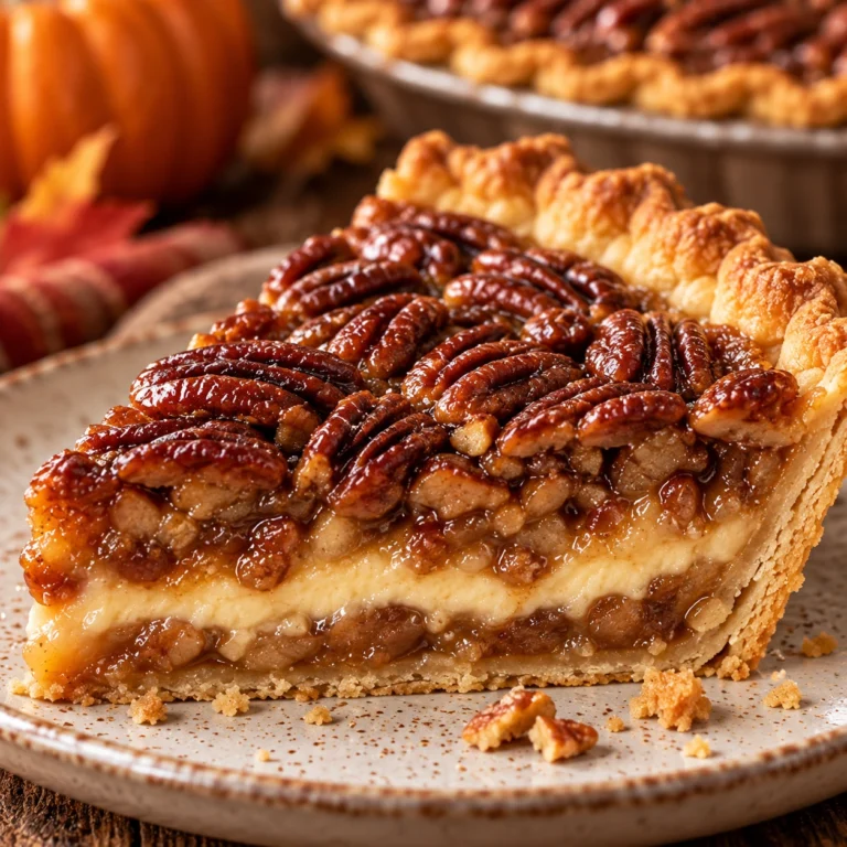 Square hero image of layered pecan pie with glossy pecans, a cream cheese layer, flaky crust, and warm autumn styling.