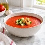 Cold red gazpacho blended smooth from tomatoes, cucumber, green pepper, onion, and tomato juice