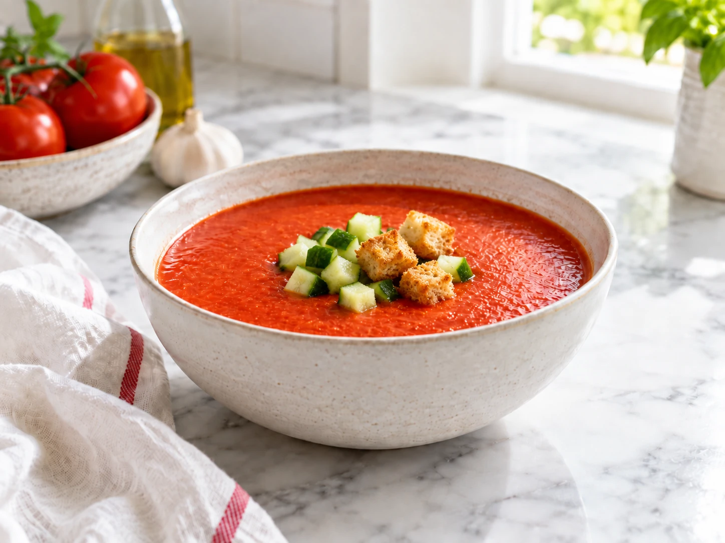 Cold red gazpacho blended smooth from tomatoes, cucumber, green pepper, onion, and tomato juice