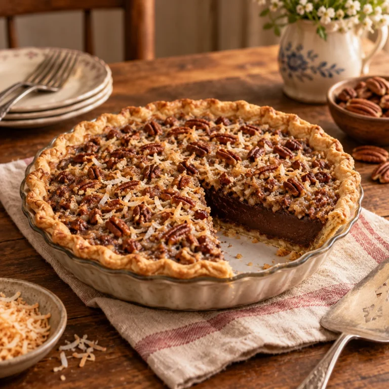 German Chocolate Pie topped with chopped pecans and a light layer of shredded coconut in a flaky pie crust