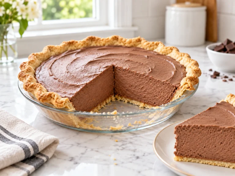 Chilled German Chocolate Pie with a smooth chocolate marshmallow cream filling in a baked pie shell