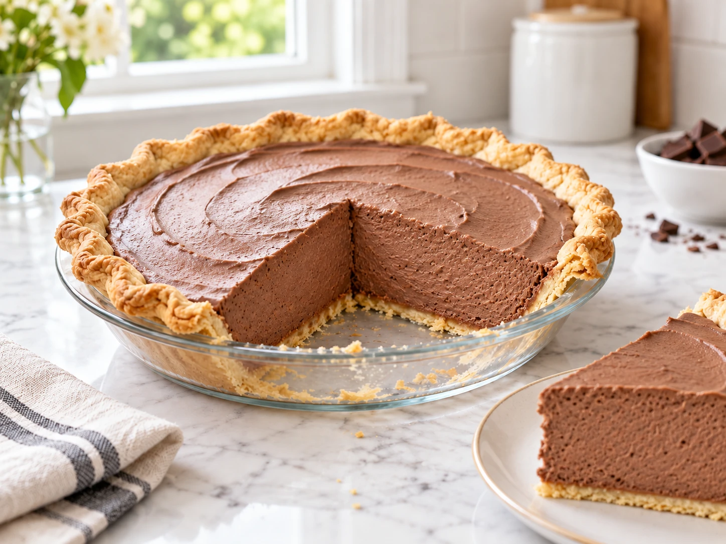 Chilled German Chocolate Pie with a smooth chocolate marshmallow cream filling in a baked pie shell