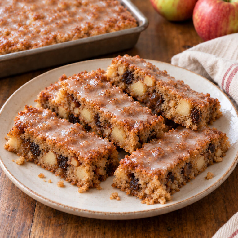 Homemade glazed apple bars with chopped apples, raisins, and nuts on a cream plate.