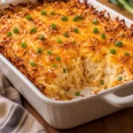Golden hashbrown casserole with melted cheddar, browned shredded potato edges, and a casually scattered green onion garnish