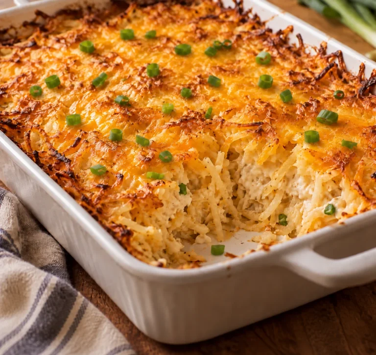Golden hashbrown casserole with melted cheddar, browned shredded potato edges, and a casually scattered green onion garnish