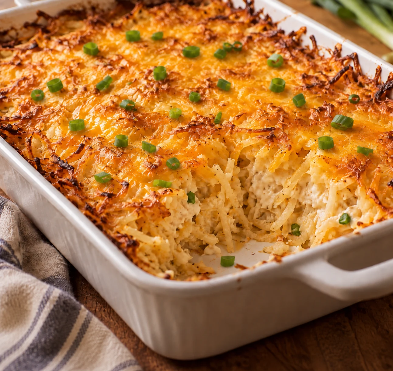 Golden hashbrown casserole with melted cheddar, browned shredded potato edges, and a casually scattered green onion garnish