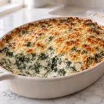 Hot baked spinach dip with melted cheddar and browned Parmesan in a small casserole dish