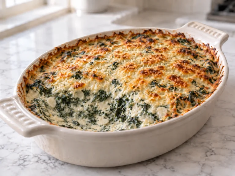 Hot baked spinach dip with melted cheddar and browned Parmesan in a small casserole dish