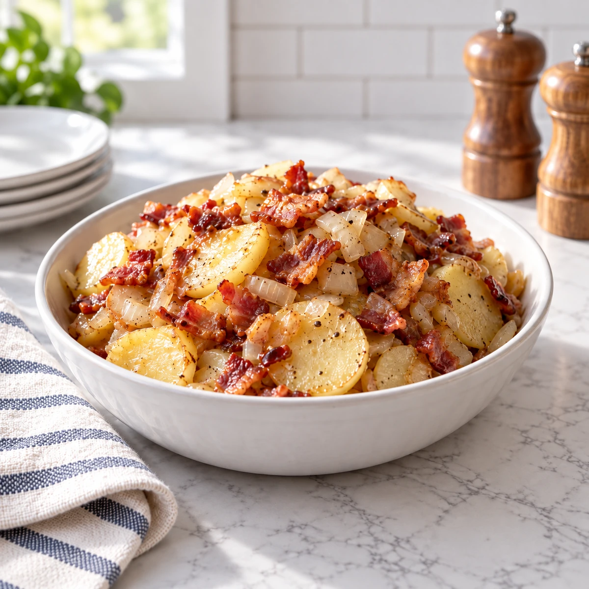 Hot German potato salad with peeled sliced potatoes, crisp bacon, onions and warm vinegar dressing