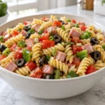 Italian rotini pasta salad with ham, red and green peppers, tomato, green onions, and black olives