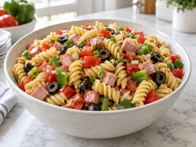 Italian rotini pasta salad with ham, red and green peppers, tomato, green onions, and black olives