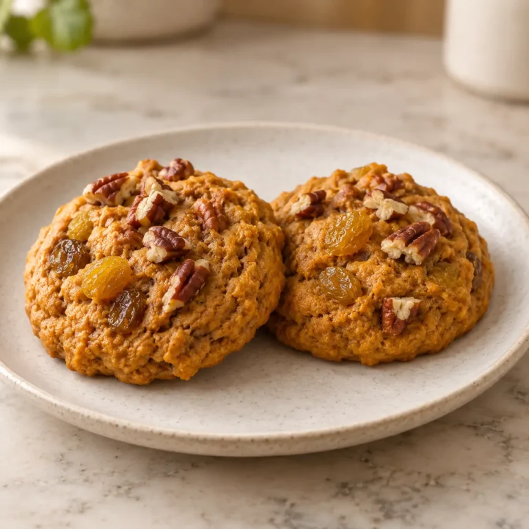 Two jumbo pumpkin cookies with golden raisins and chopped pecans