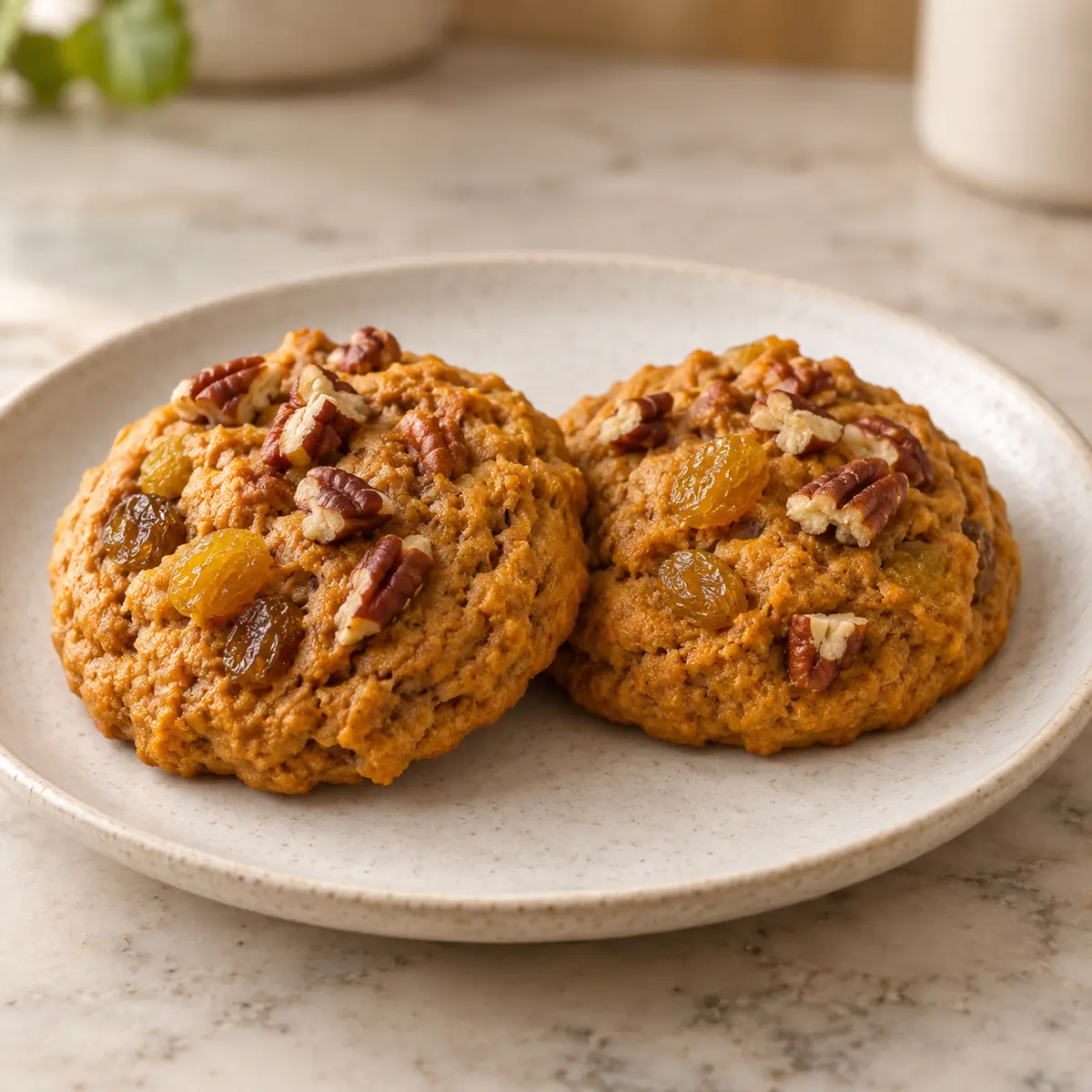 Two jumbo pumpkin cookies with golden raisins and chopped pecans