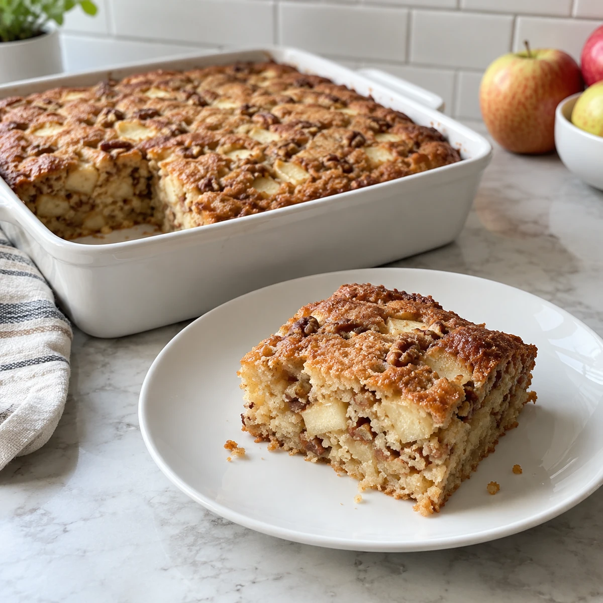 Square-pan Knobby Apple Cake with diced apples and chopped nuts, with one square slice served on a plate