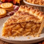 Square hero image of mock apple pie with a glossy softened cracker filling, flaky double crust, and subtle autumn styling.