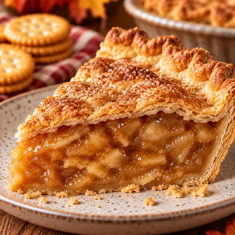 Square hero image of mock apple pie with a glossy softened cracker filling, flaky double crust, and subtle autumn styling.