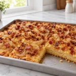 Baked Onion Shortbread with soft onions and chopped bacon over a golden biscuit crust