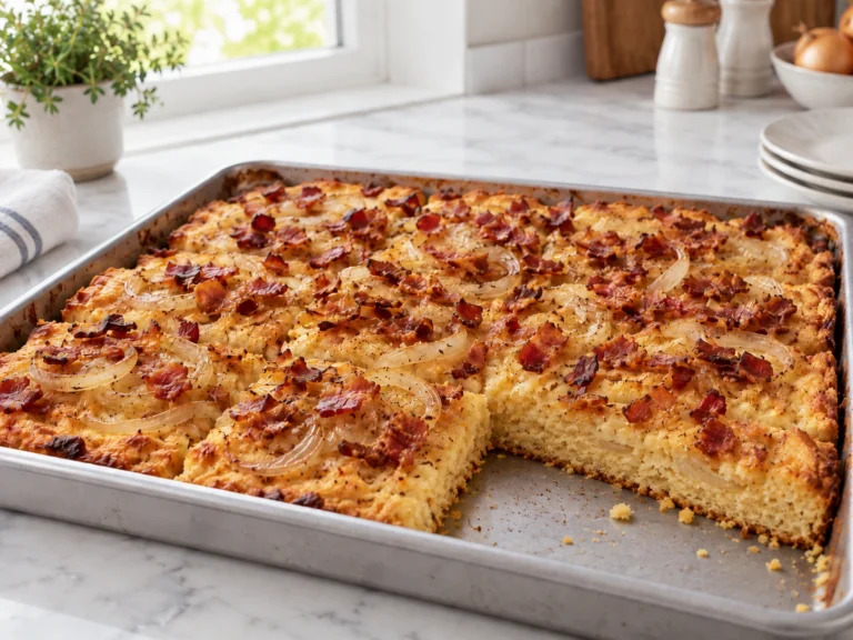 Baked Onion Shortbread with soft onions and chopped bacon over a golden biscuit crust