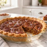 Pecan pie with pecan halves risen across a glossy baked filling in a 9-inch pastry shell