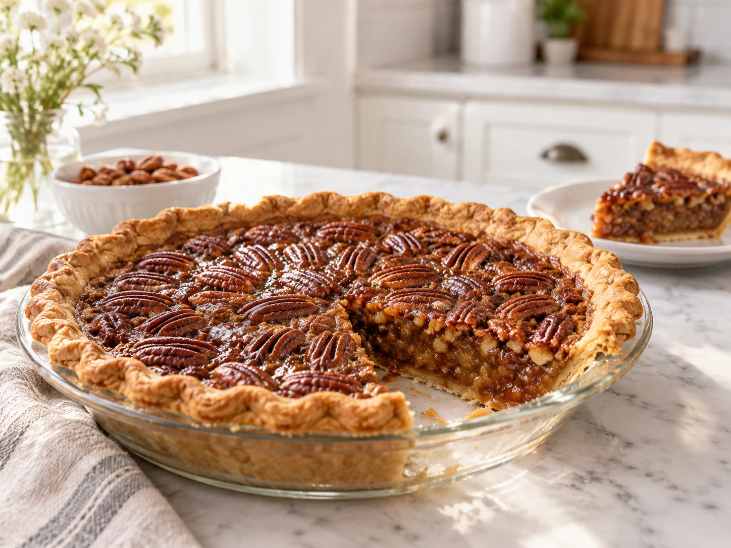 Pecan pie with pecan halves risen across a glossy baked filling in a 9-inch pastry shell