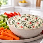 Cold creamy spinach dip with chopped water chestnuts and red pepper served with cut vegetables