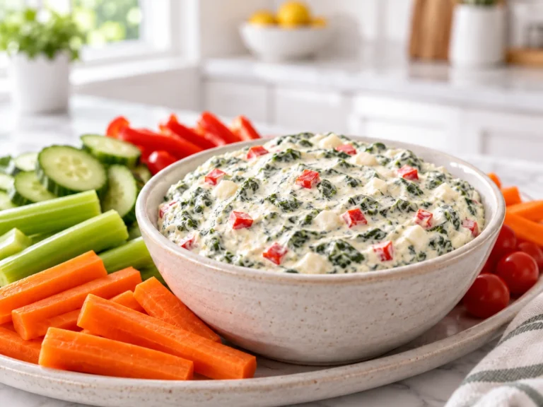 Cold creamy spinach dip with chopped water chestnuts and red pepper served with cut vegetables