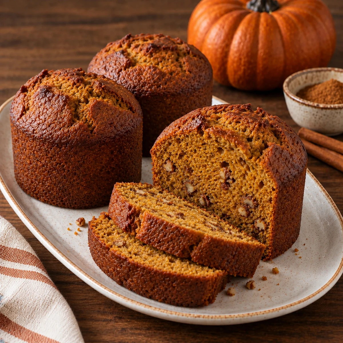 Three round coffee-can pumpkin bread loaves with chopped nuts, one sliced to show the moist crumb