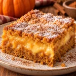 Square hero image of pumpkin gooey butter cake with a soft cream cheese and pumpkin center, dusted with powdered sugar and styled for fall.