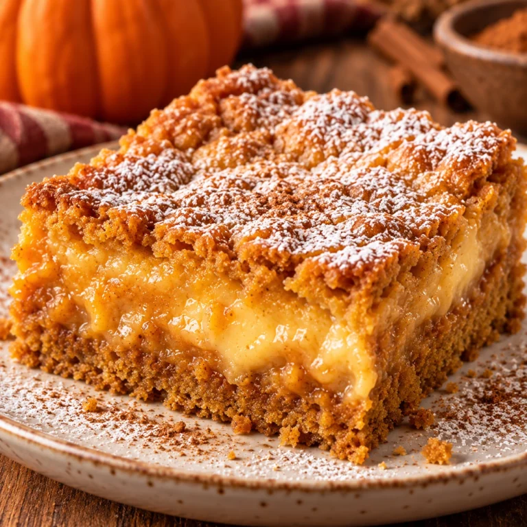 Square hero image of pumpkin gooey butter cake with a soft cream cheese and pumpkin center, dusted with powdered sugar and styled for fall.