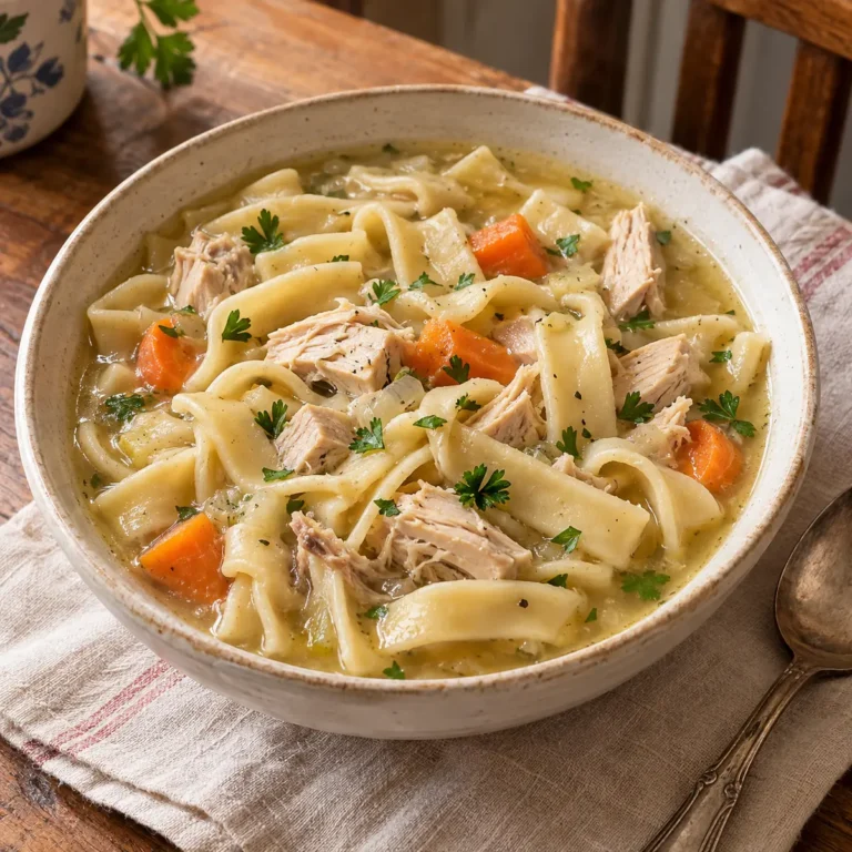 A bowl of Reames hearty chicken and noodles with thick egg noodles, tender chicken, carrots, and parsley in golden broth