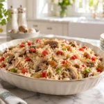 Rice Supreme with mushrooms, tomato, pimento, and raisins in a serving dish