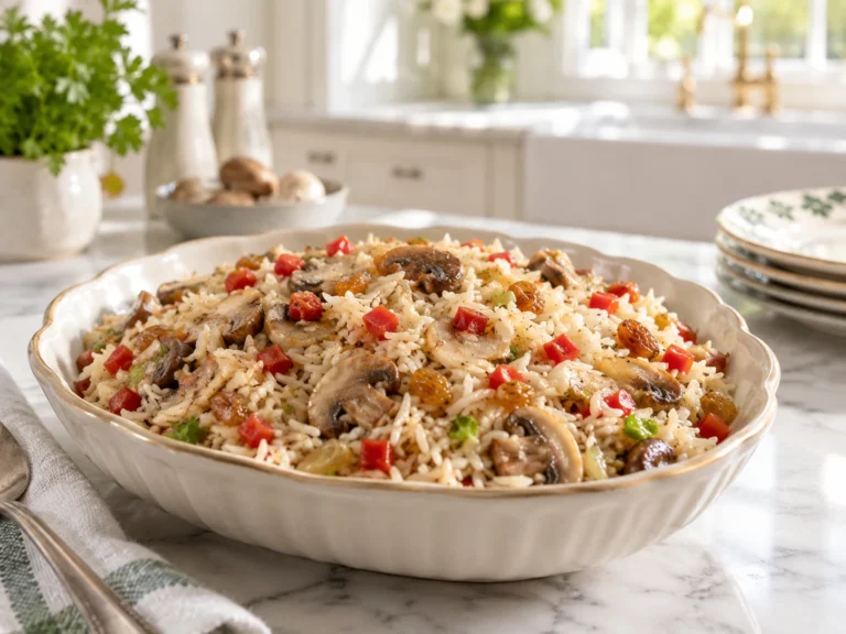 Rice Supreme with mushrooms, tomato, pimento, and raisins in a serving dish