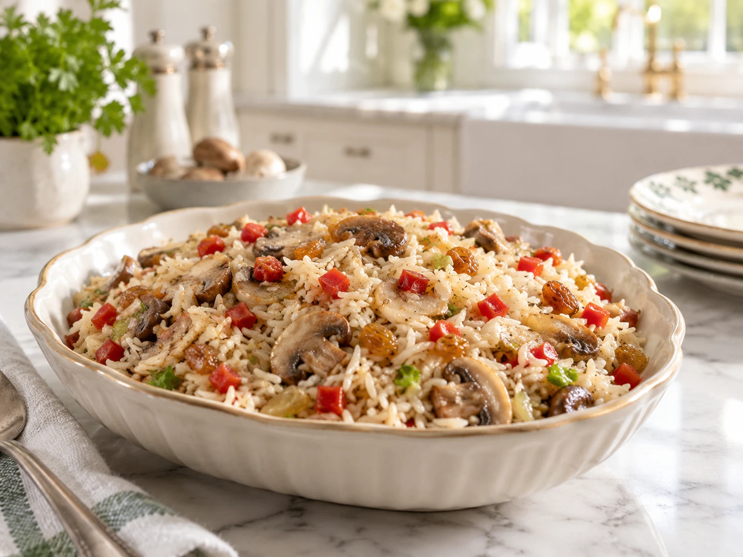 Rice Supreme with mushrooms, tomato, pimento, and raisins in a serving dish