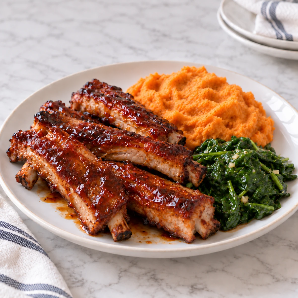 Sticky glazed pork ribs with mashed sweet potatoes and cooked spinach on a plate